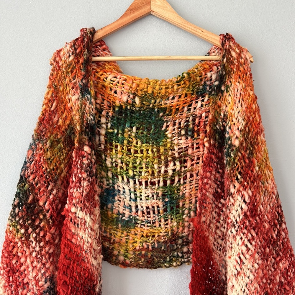 Handmade / Hand-Knit • Ombré Rainbow Knit Sweater Shrug With Attached Hood